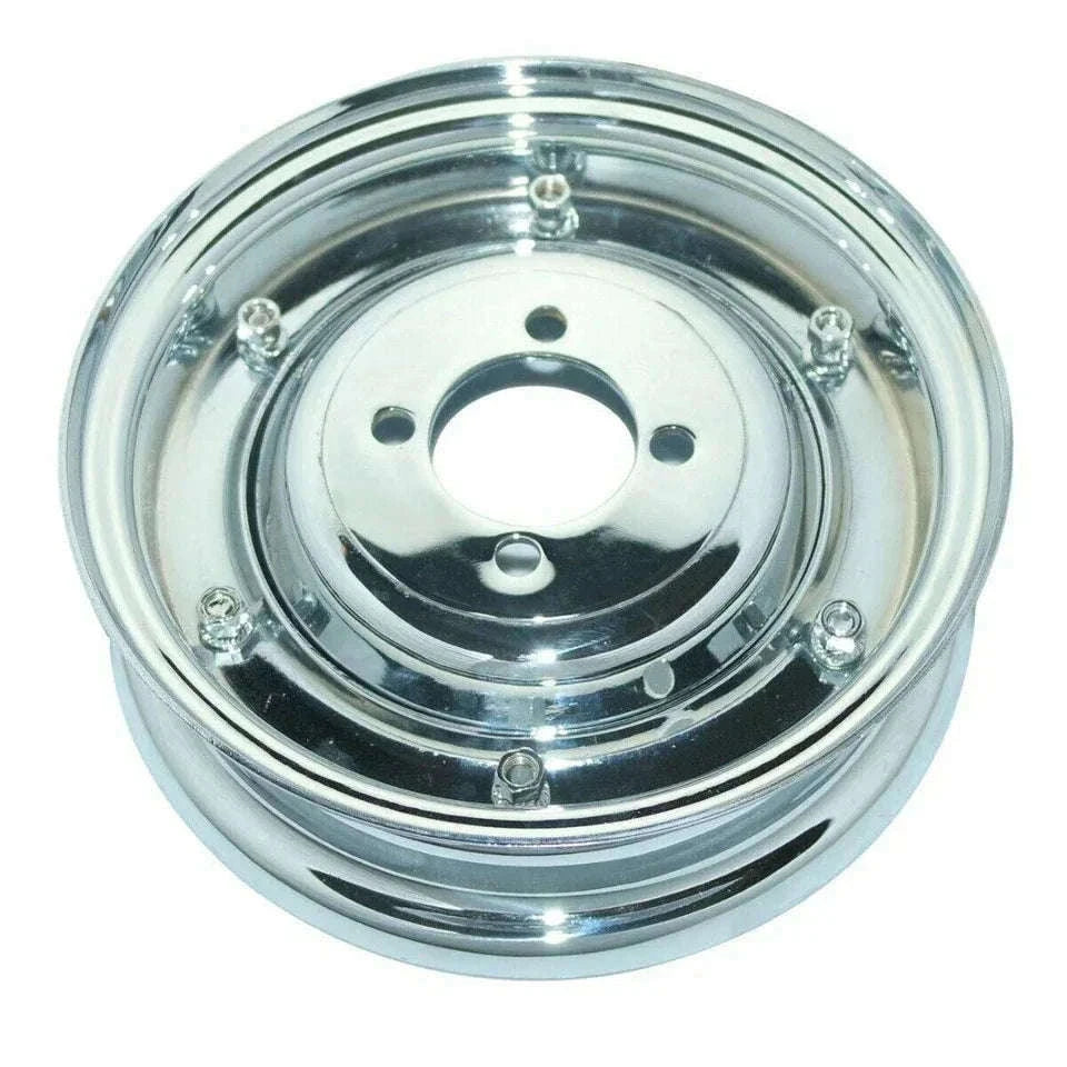 Chrome wheel rim with circular hub opening, bolt holes, and polished outer ring