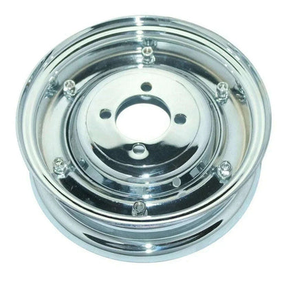 Chrome wheel rim with circular hub opening, bolt holes, and polished outer ring