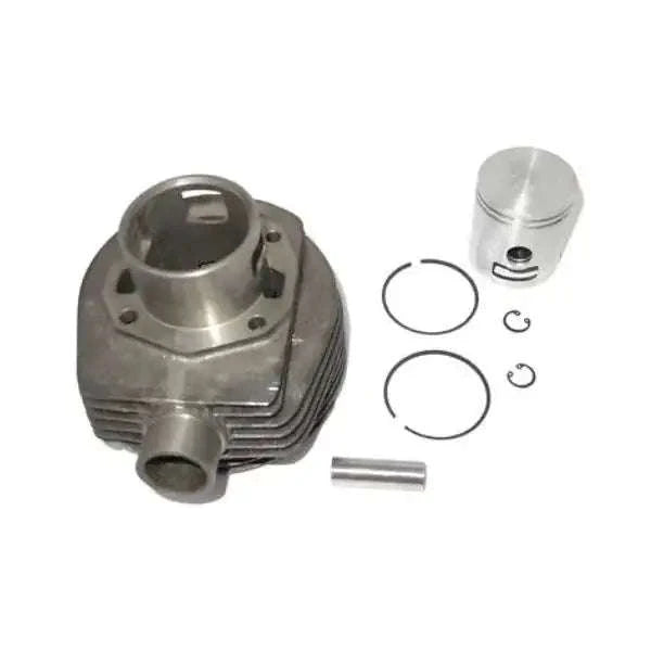Cylinder barrel and piston components with two rings and gaskets; silver metal.