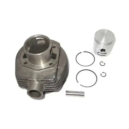 Cylinder barrel and piston components with two rings and gaskets; silver metal.