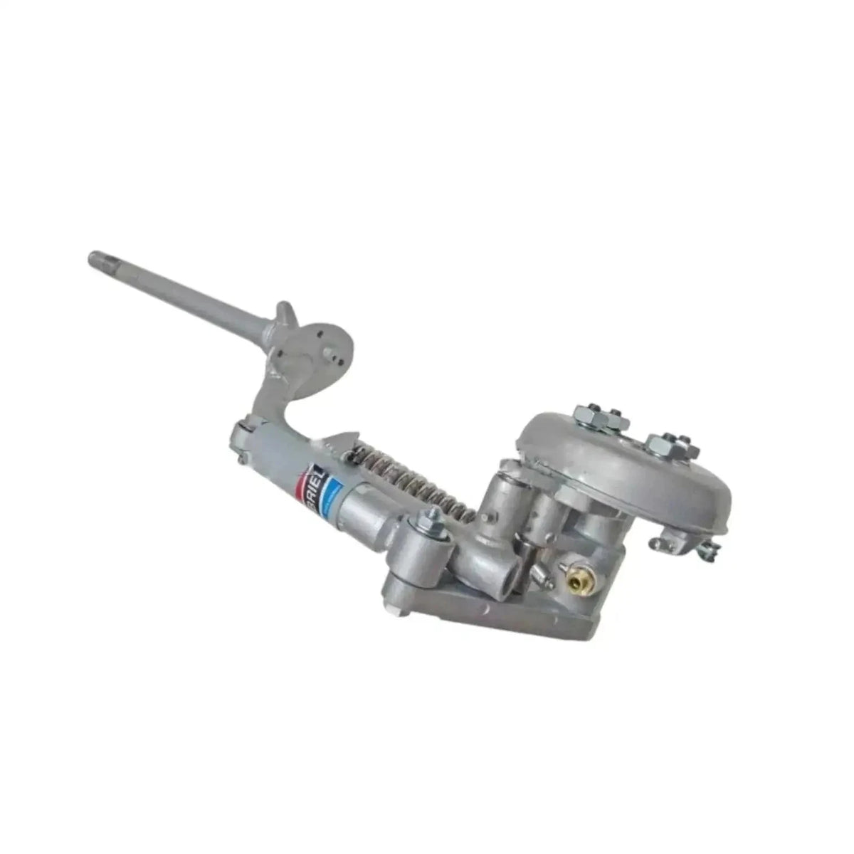Complete front fork unit with 8 in wheel brake drum hub, silver-gray metal