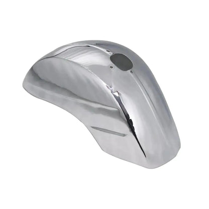 Front mudguard chrome-plated metal with top hole and V-shaped bracket cutout.