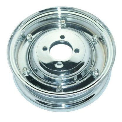 Chrome wheel rim, 3.50 in x 8 in, mounting bolt holes and center opening