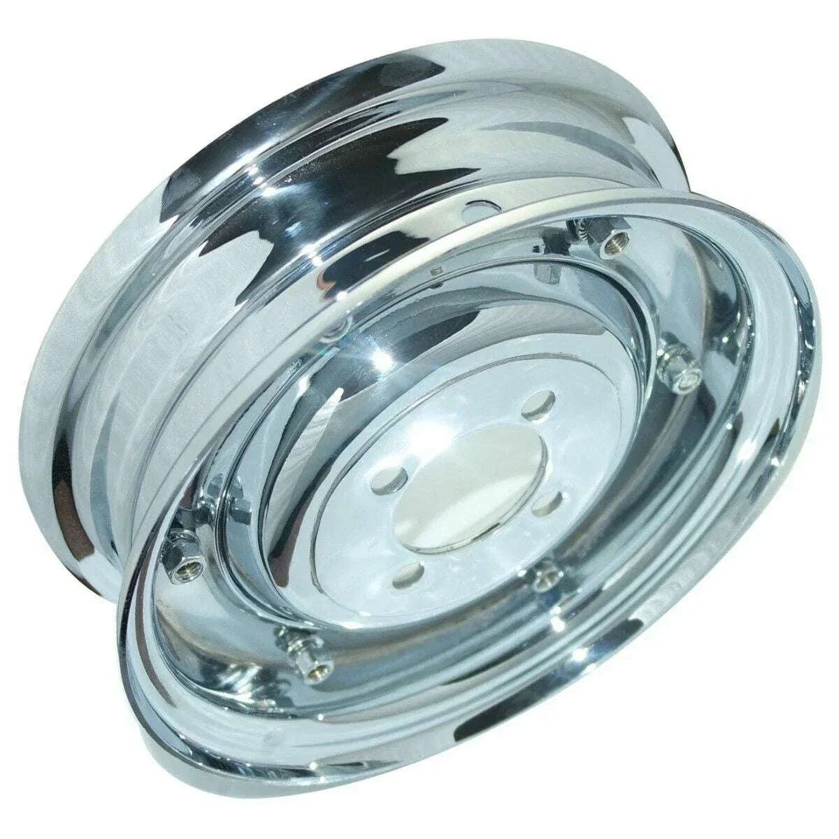 Chrome wheel rim, 3.50 in x 8 in, domed center cap with decorative cutouts