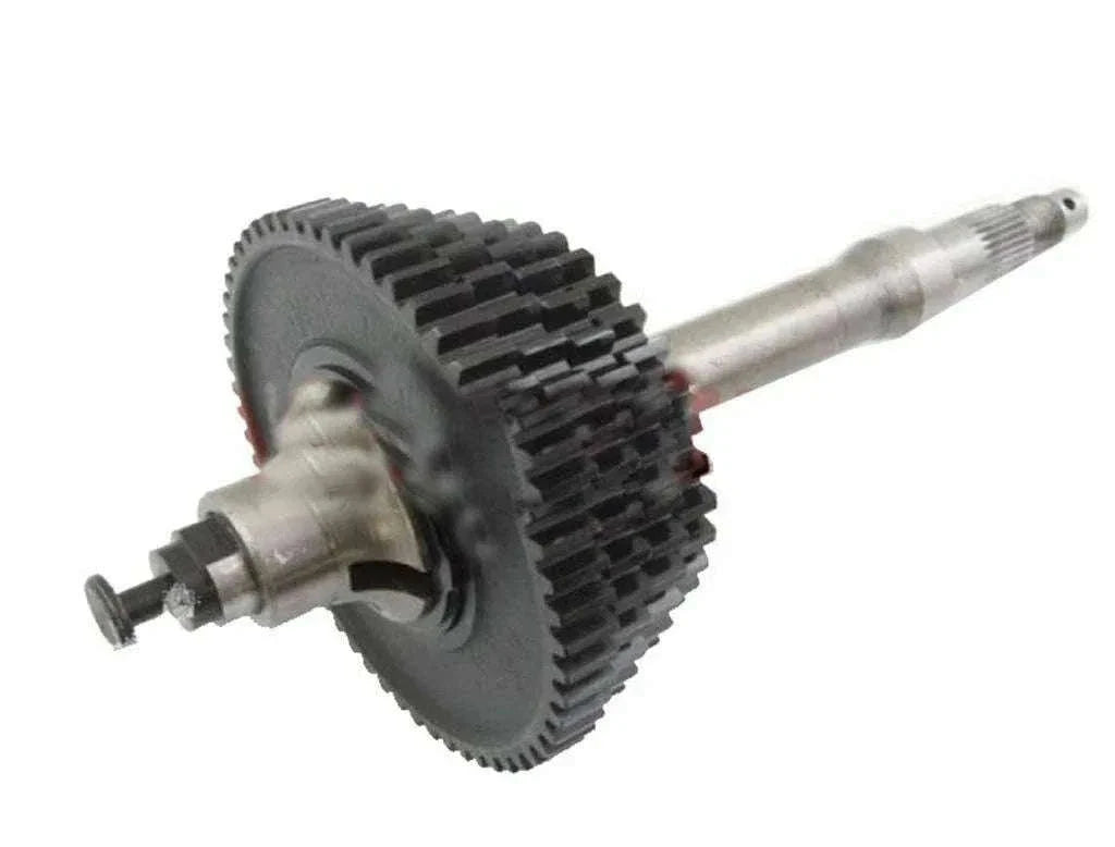 Gear box main shaft assembly with gray gear ring, silver shafts, and side bearing