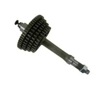 Gear box main shaft assembly featuring black gears and a metal splined shaft