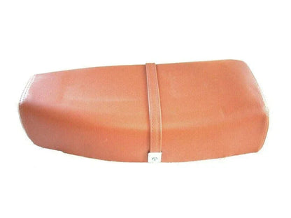 Tan scooter seat saddle with leather-look finish, stitched perimeter, center seam