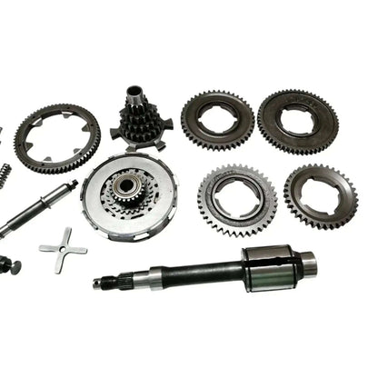 Clutch gearbox parts kit with gears, clutch plate, and long splined shaft