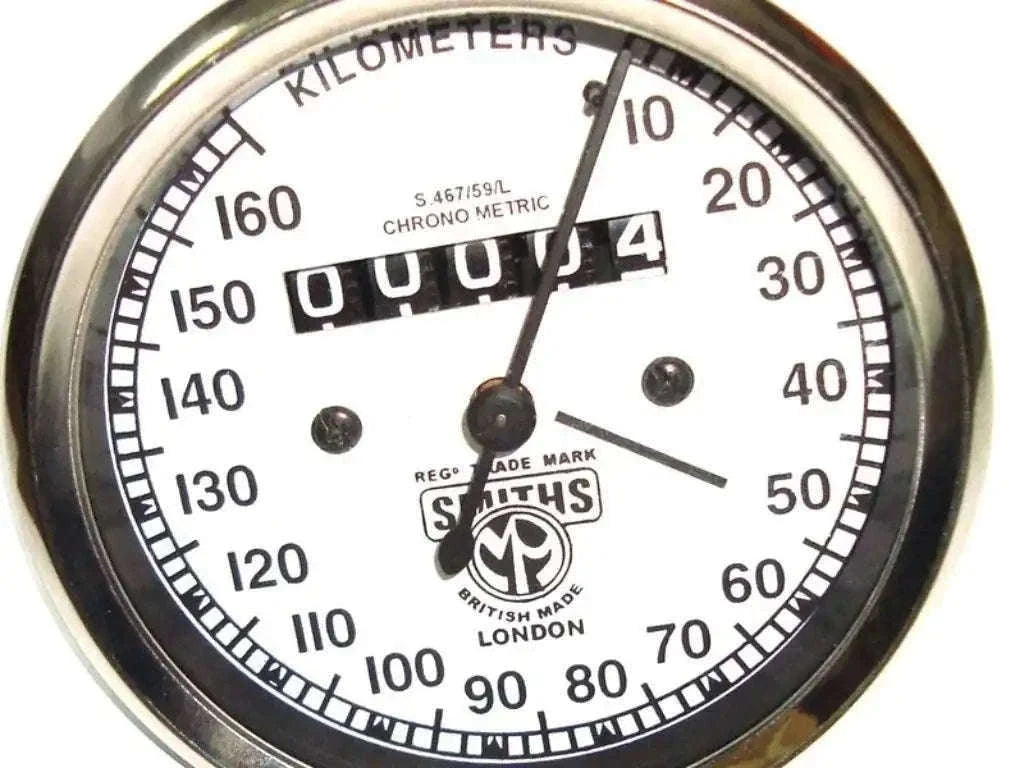 Vintage Triumph speedometer gauge face with white dial and 0–160 km/h scale