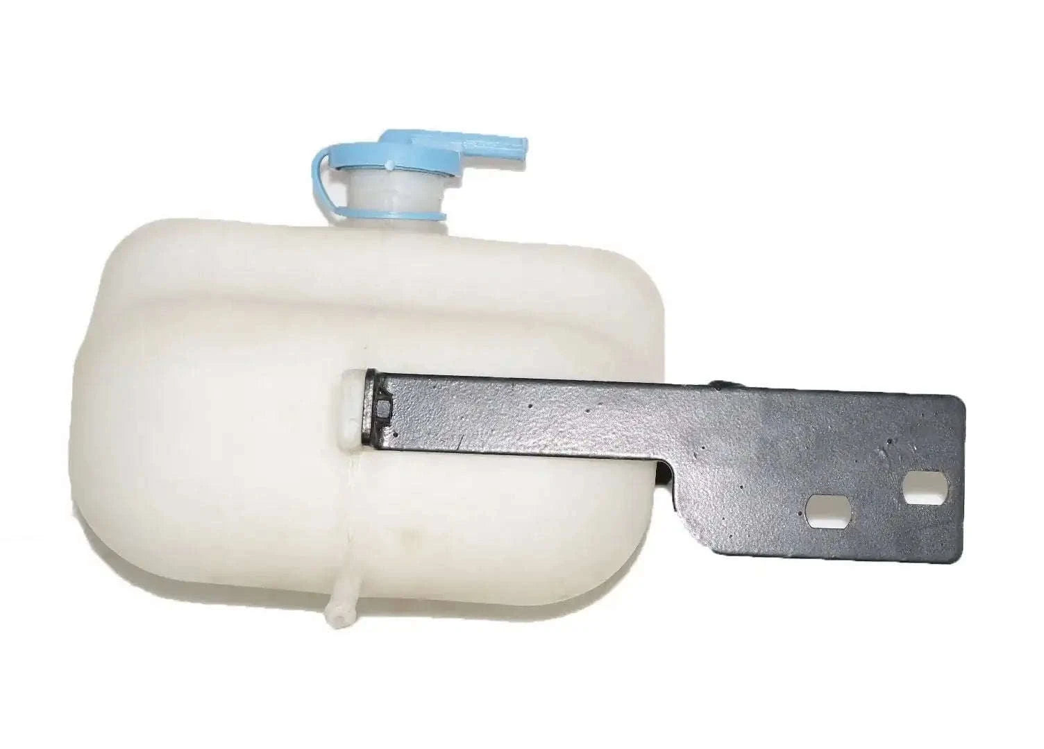 Coolant bottle reservoir with metal mounting bracket and small blue cap