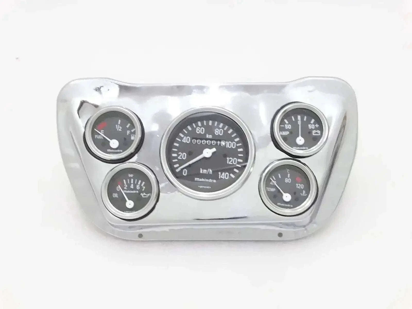 Chrome speedometer mounting plate with four gauges and illuminated dials