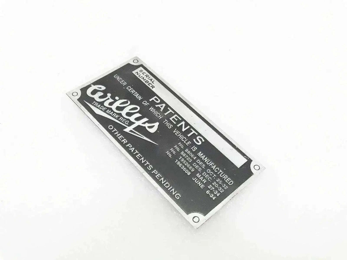 WILLYS JEEP aluminum model data plate with patent text