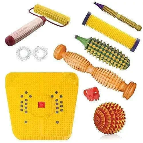 Wooden Foot Roller Acupressure Magnetic Stress Mat Combo Kit