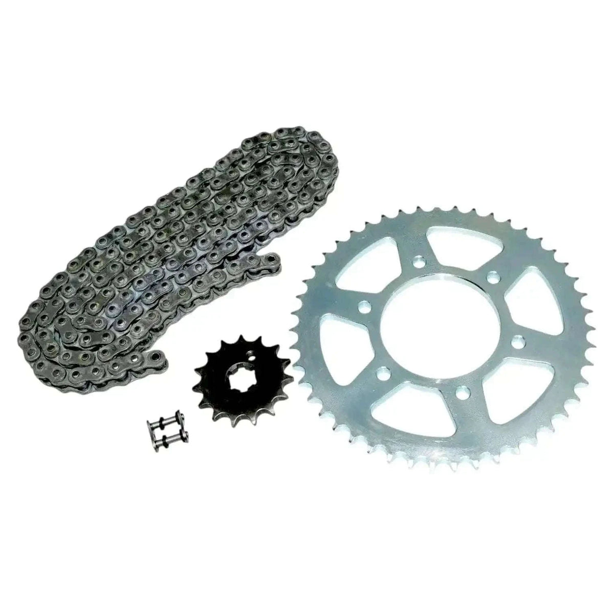 Motorcycle chain and sprocket set featuring dark chain, steel sprockets, small connector pins